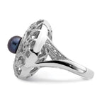 Sterling Silver Rhodium-plated Filigree Pattern CZ Accented Black Freshwater Cultured Pearl Round Ring