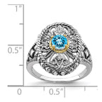 Sterling Silver Rhodium w/14k Accent Blue Topaz & CZ Oval Fancy Ring