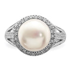 Sterling Silver Rhodium-plated 10-11mm White Button Freshwater Cultured Pearl and CZ Ring