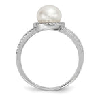 Sterling Silver Rhodium-plated 7-8mm White Button Freshwater Cultured Pearl and CZ Ring