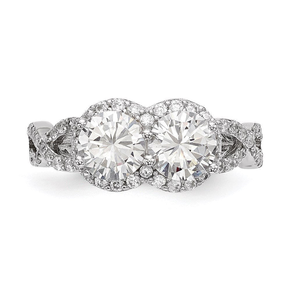 Sterling Silver Rhodium-plated CZ Two Stone Halo Ring