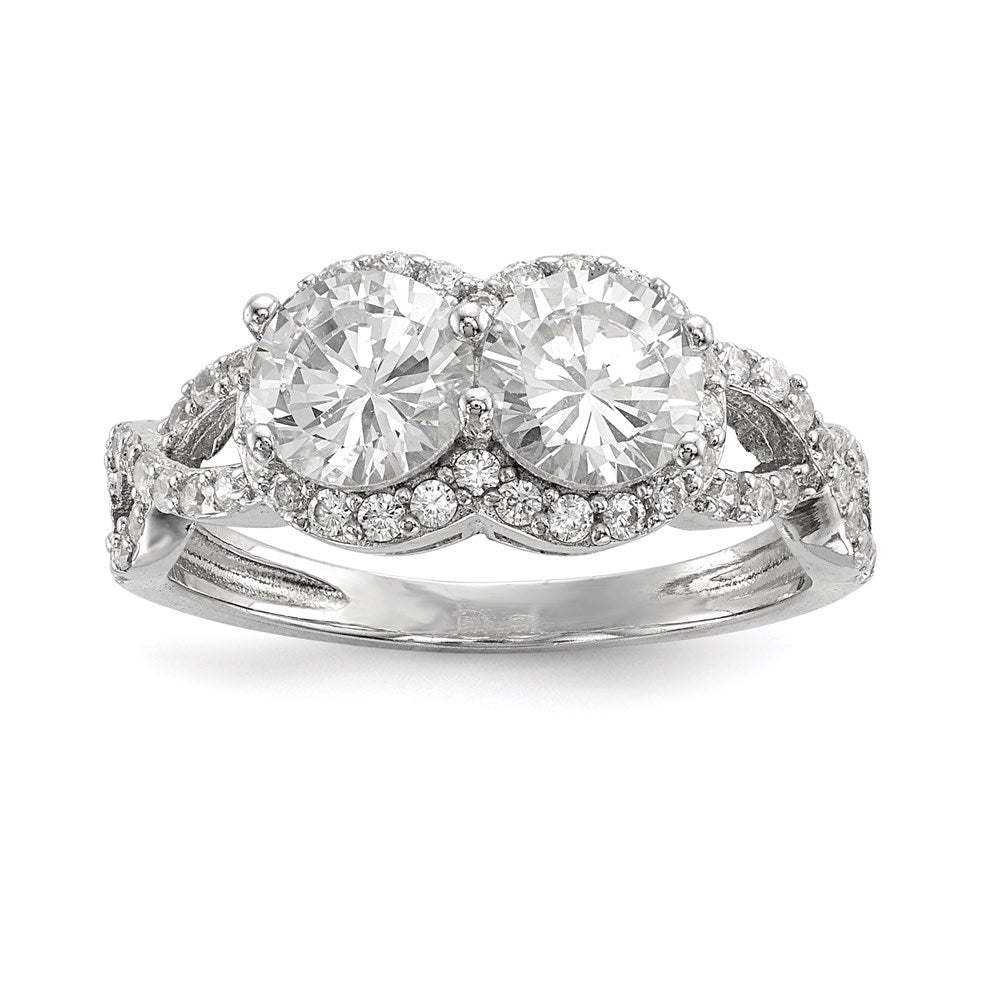 Sterling Silver Rhodium-plated CZ Two Stone Halo Ring