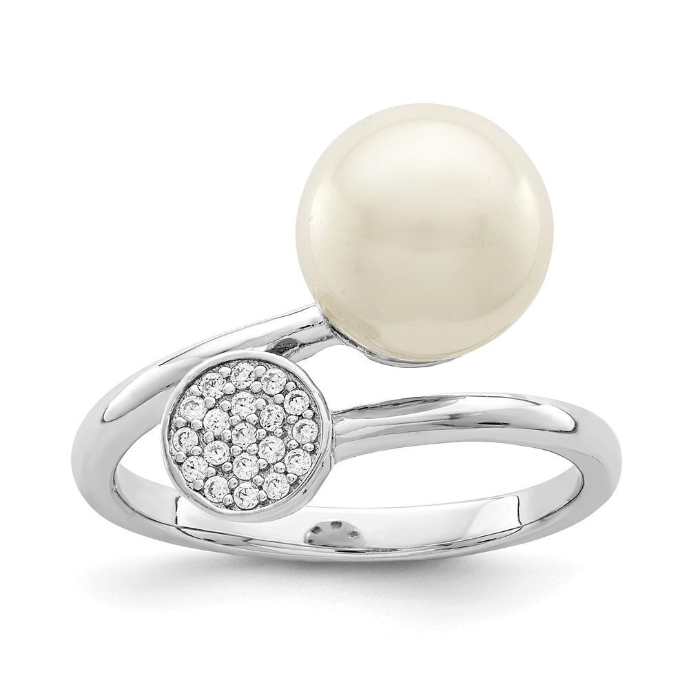 Sterling Silver Rhodium-plated Polished with CZ and Acrylic Pearl Ring