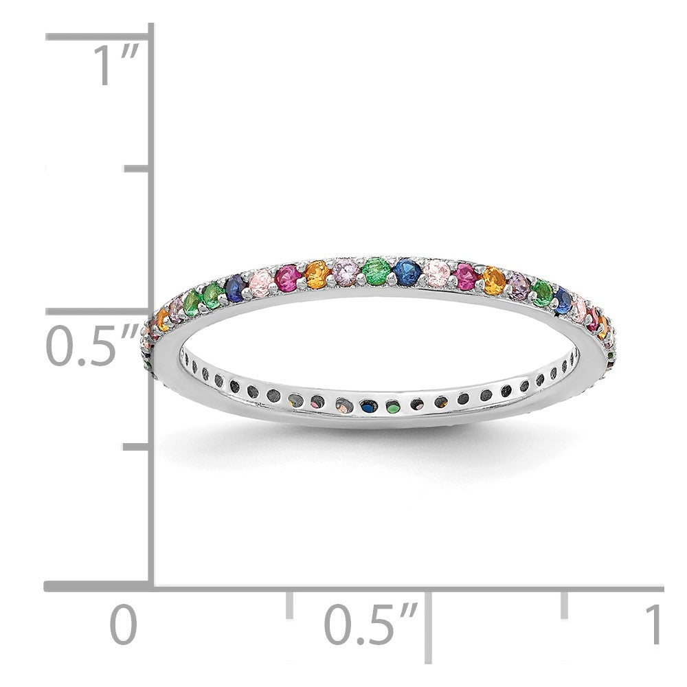 Prizma Sterling Silver Rhodium-plated Colorful CZ Thin Band Ring