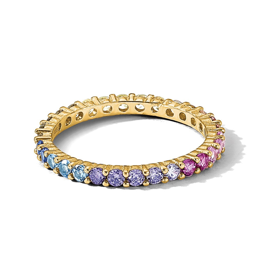 Prizma Sterling Silver Gold-tone 14K Flash Gold-plated Colorful CZ Eternity Band Ring