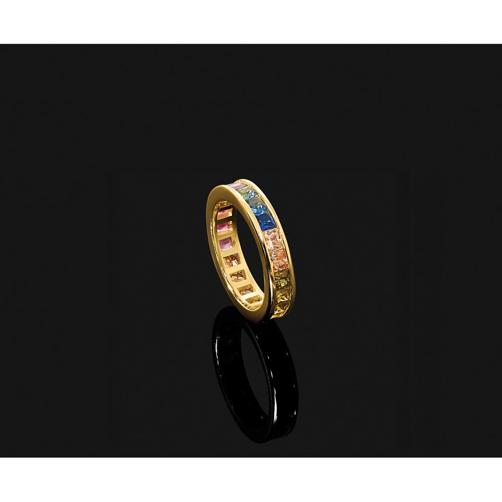 Prizma Sterling Silver Gold-tone 14K Flash Gold-plated Channel-Set Colorful CZ Eternity Band Ring