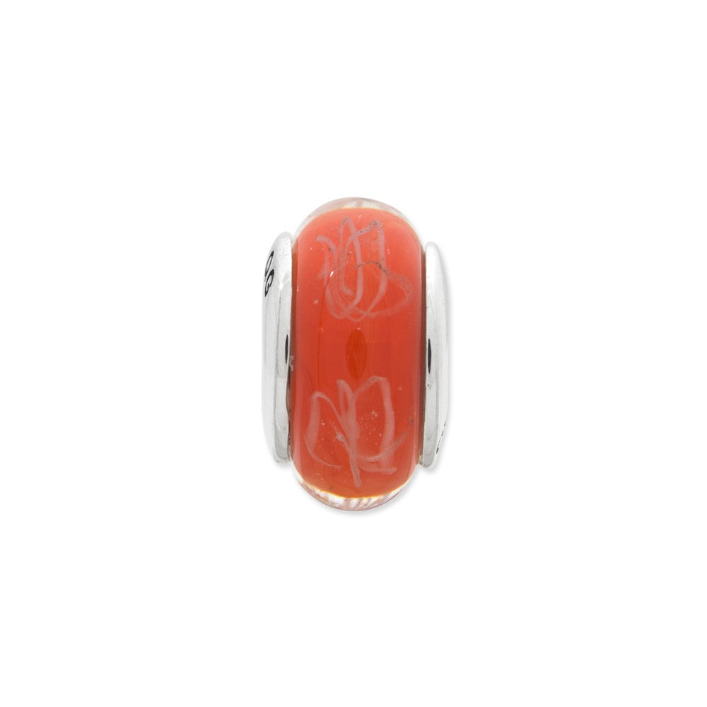 Sterling Silver Reflections Orange/White Scribbles Hand-blown Glass Bead