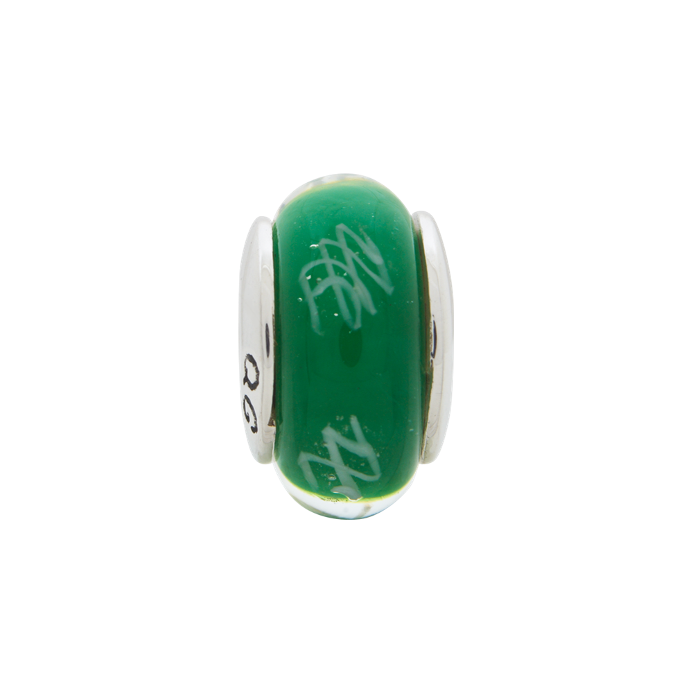 Sterling Silver Reflections Green/White Scribbles Hand-blown Glass Bead
