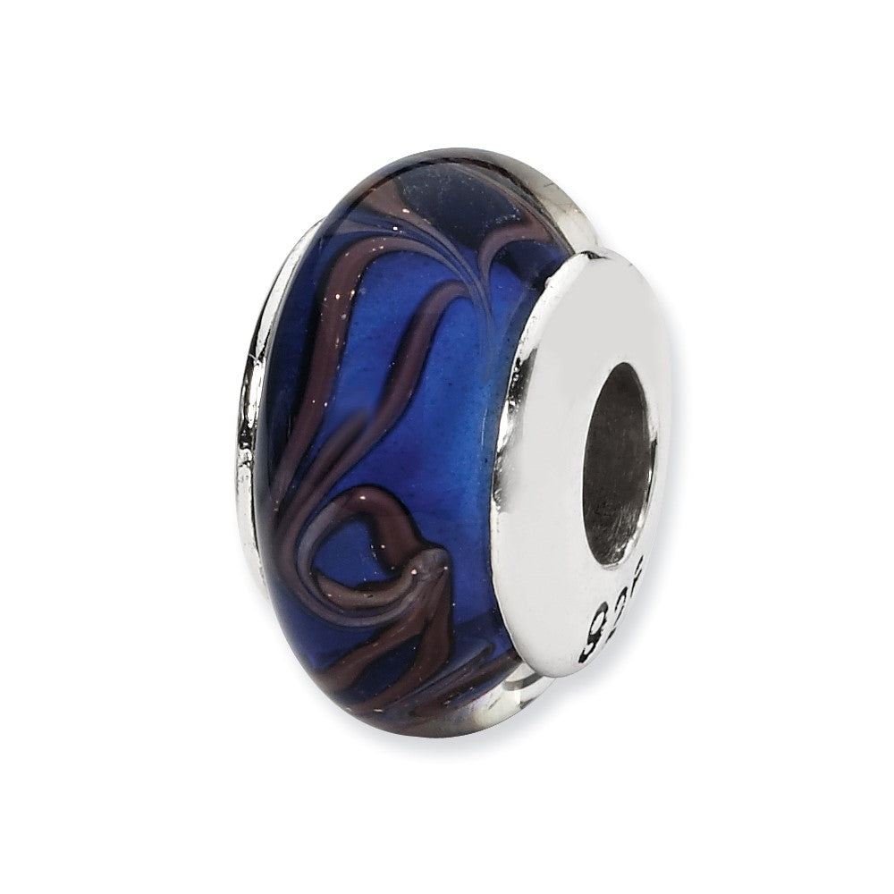 Sterling Silver Reflections Blue/Brown Swirl Hand-blown Glass Bead
