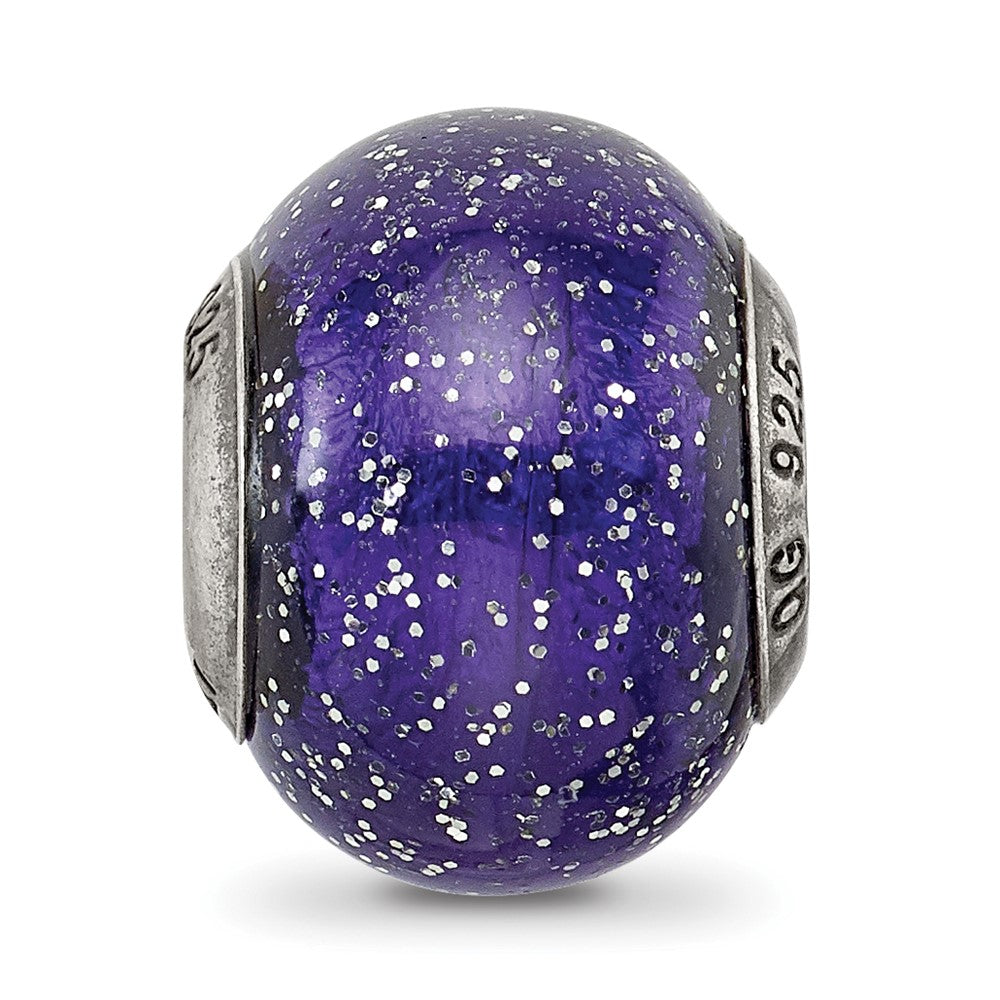 Sterling Silver Reflections Dark Blue w/Silver Glitter Italian Murano Bead