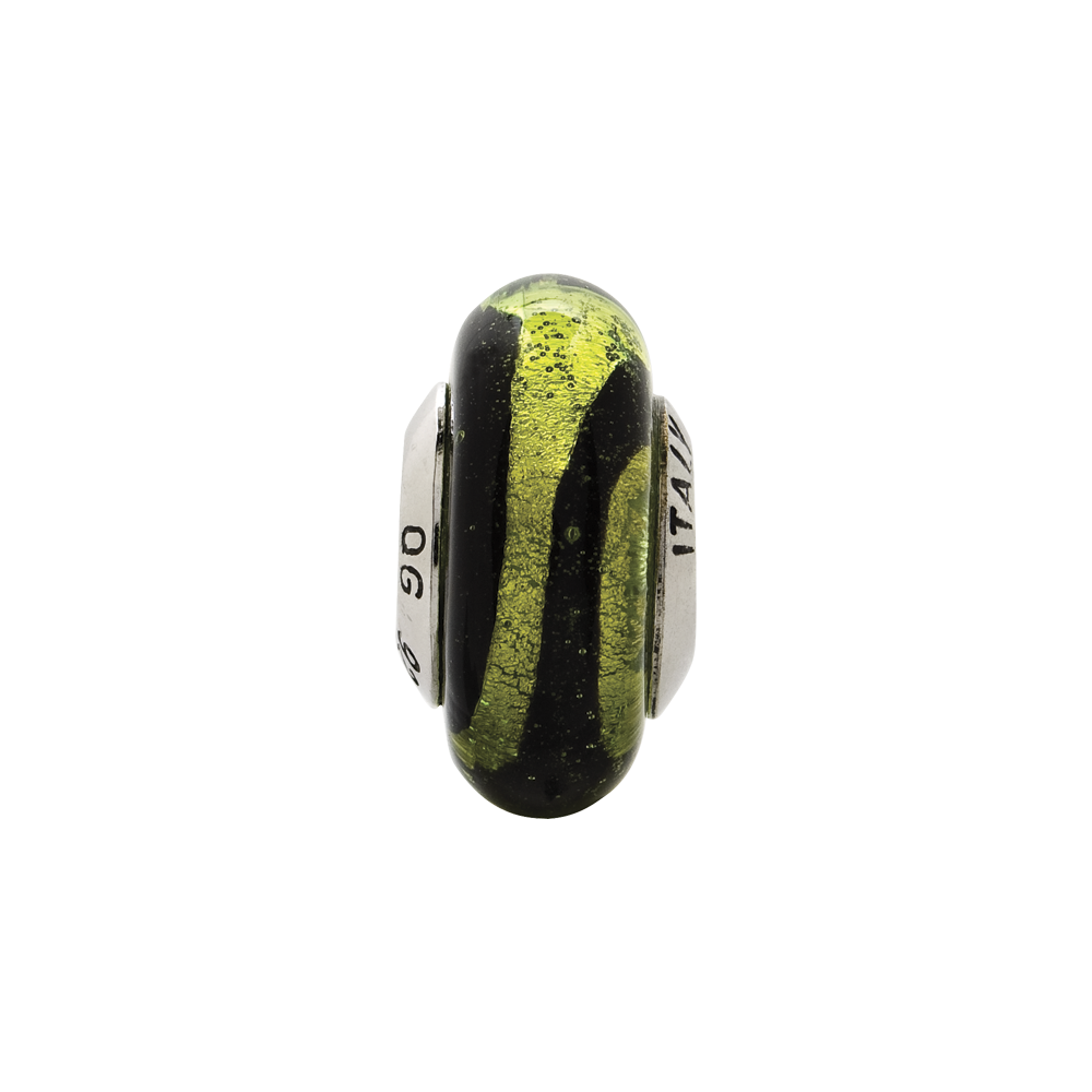 Sterling Silver Reflections Lime/Black Stripes Italian Murano Bead