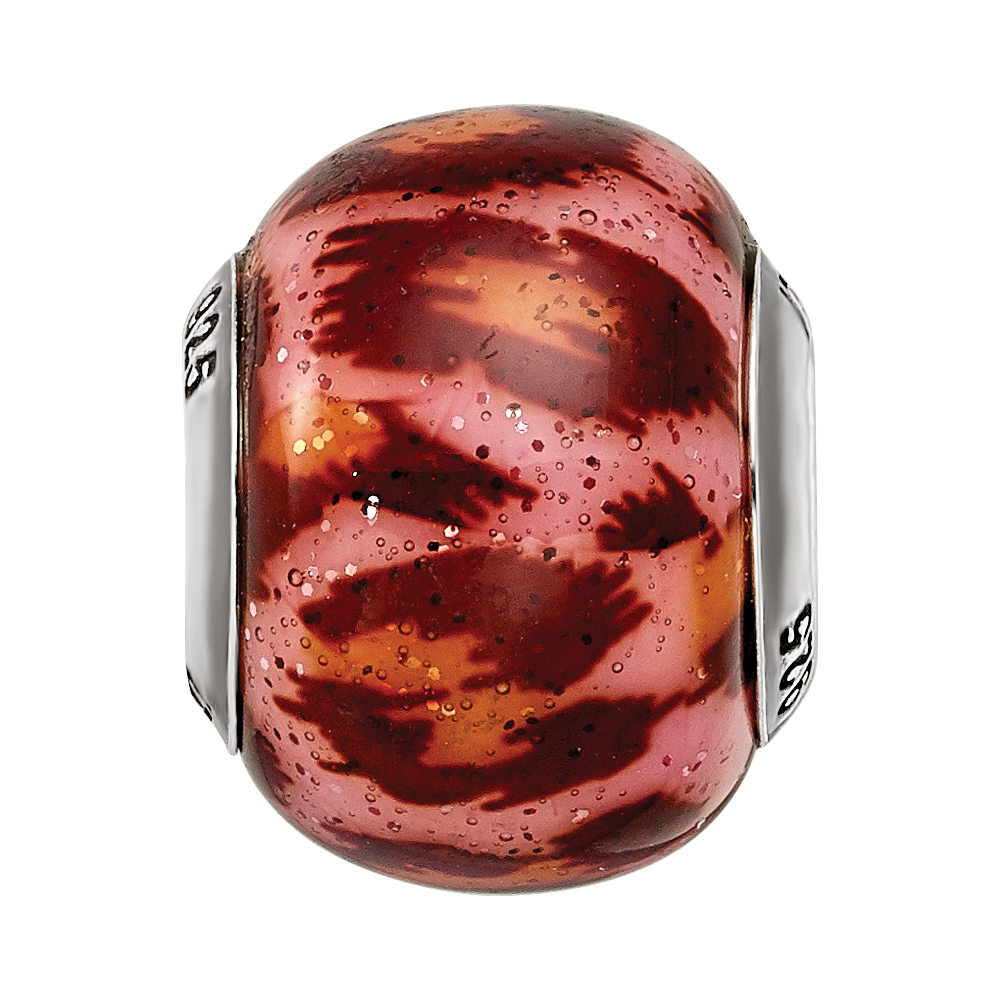 Sterling Silver Reflections Pink & Brown w/Glitter Overlay Glass Bead