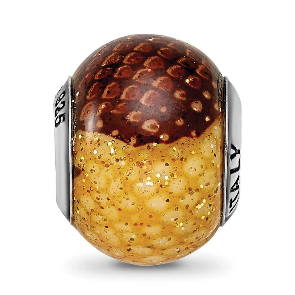 Sterling Silver Reflections Brown/Yellow Glitter Overlay Glass Bead