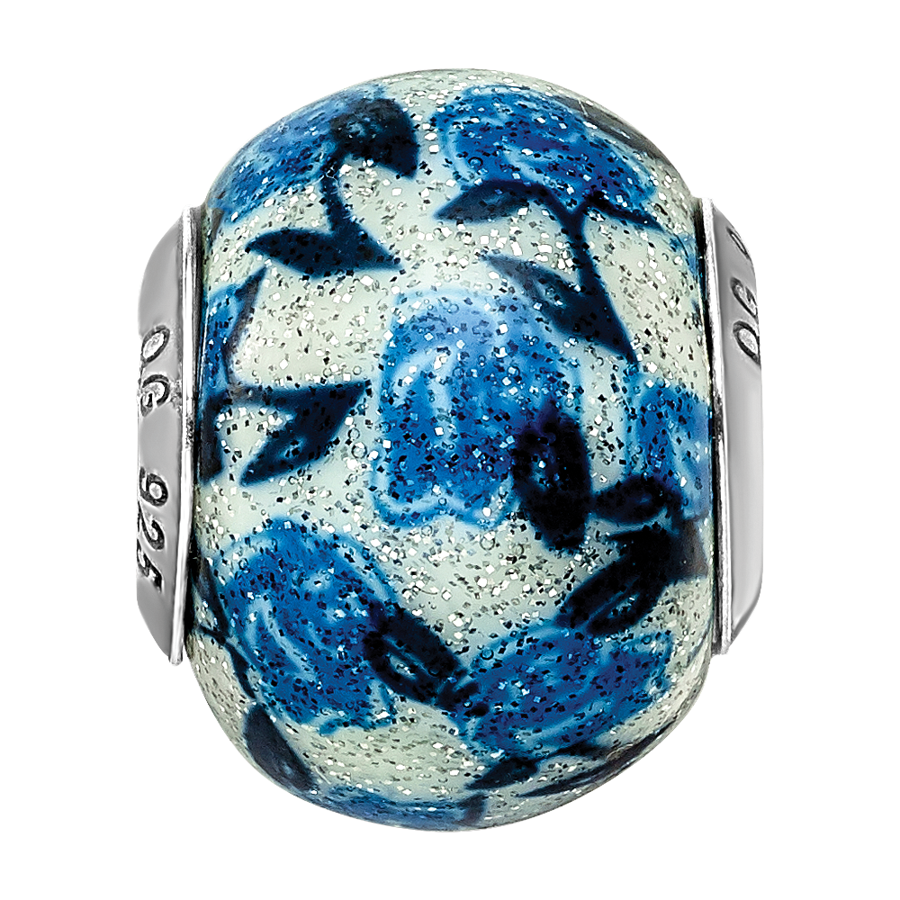 Sterling Silver Reflections Blue Rose Glitter Overlay Glass Bead