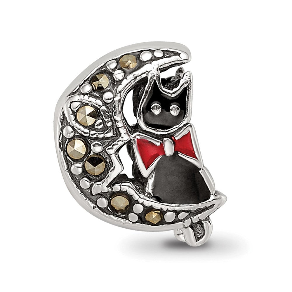 Sterling Silver Reflections Marcasite & Enameled Cat & Moon Bead
