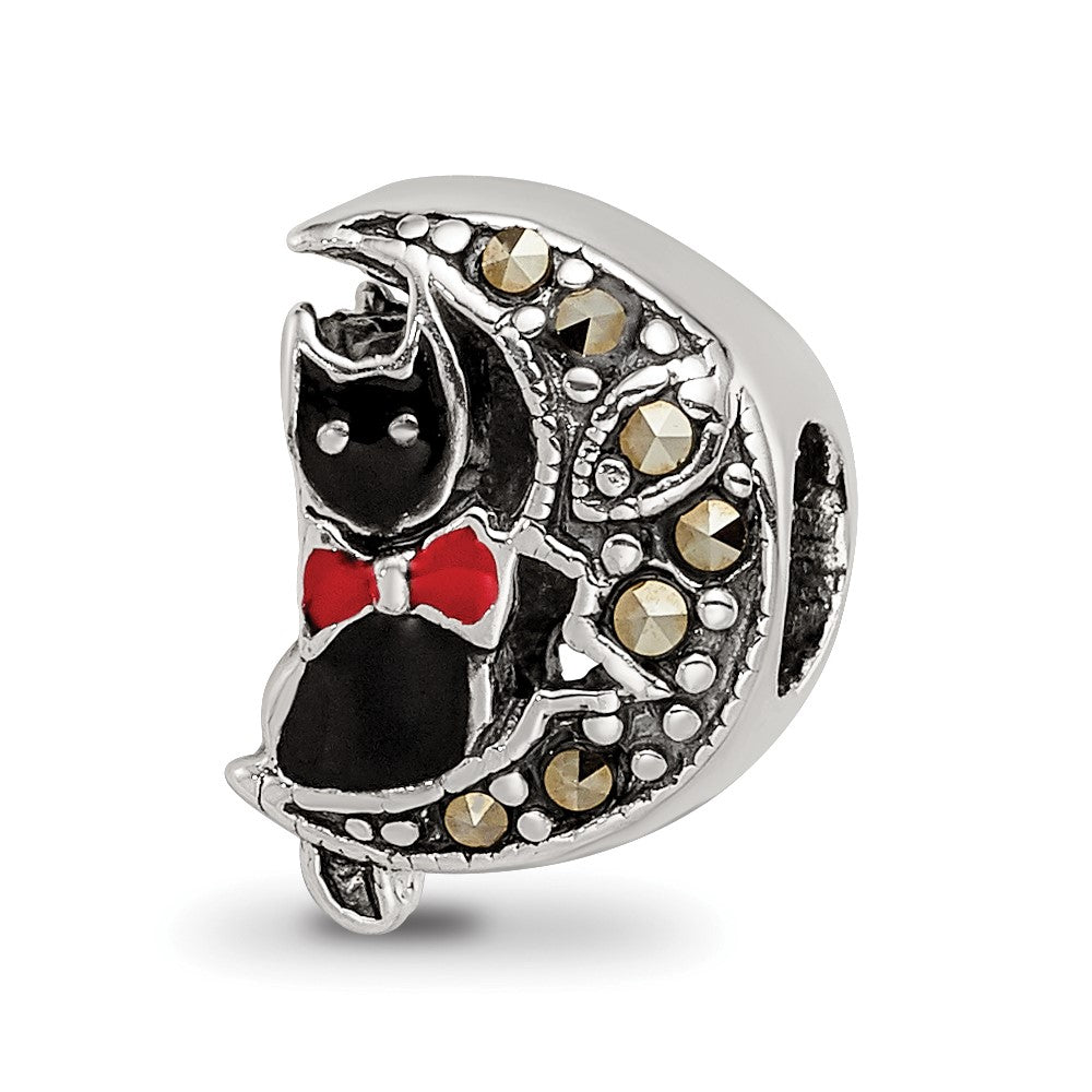 Sterling Silver Reflections Marcasite & Enameled Cat & Moon Bead