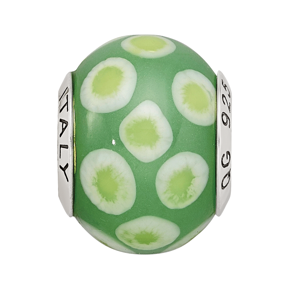 Sterling Silver Reflections Green/White Italian Murano Glass Bead