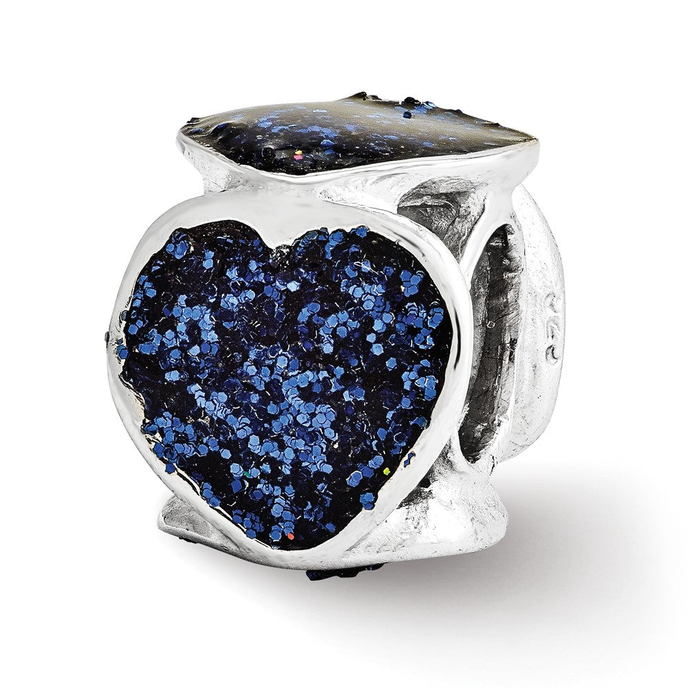 Sterling Silver Reflections Blue Glitter Enameled Heart Bead