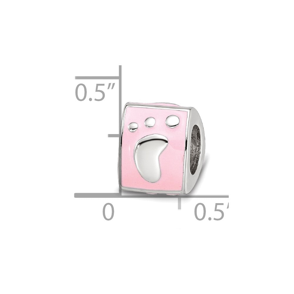 SS Reflections Rh-plated Pink Enamel 3-sided Baby Footprint Bead