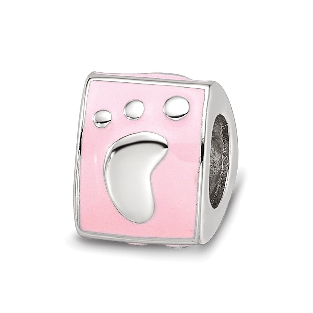 SS Reflections Rh-plated Pink Enamel 3-sided Baby Footprint Bead