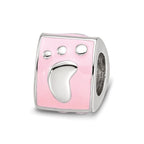 SS Reflections Rh-plated Pink Enamel 3-sided Baby Footprint Bead