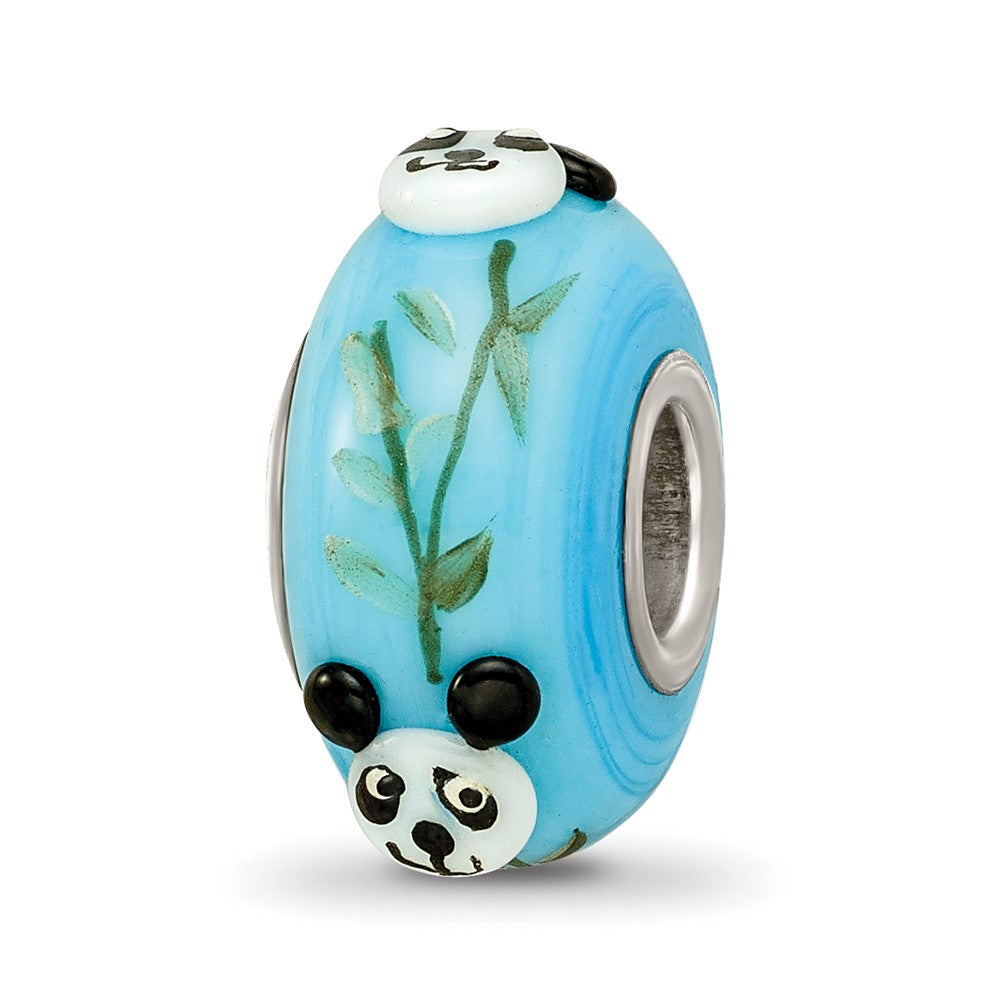 Ster.Silver Reflections Blue Hand Painted Panda Fenton Glass Bead