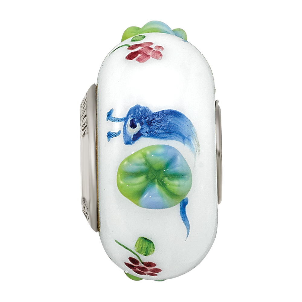Ster.Silver Reflections Hand Painted Snails & Grapes Fenton Glass Bead