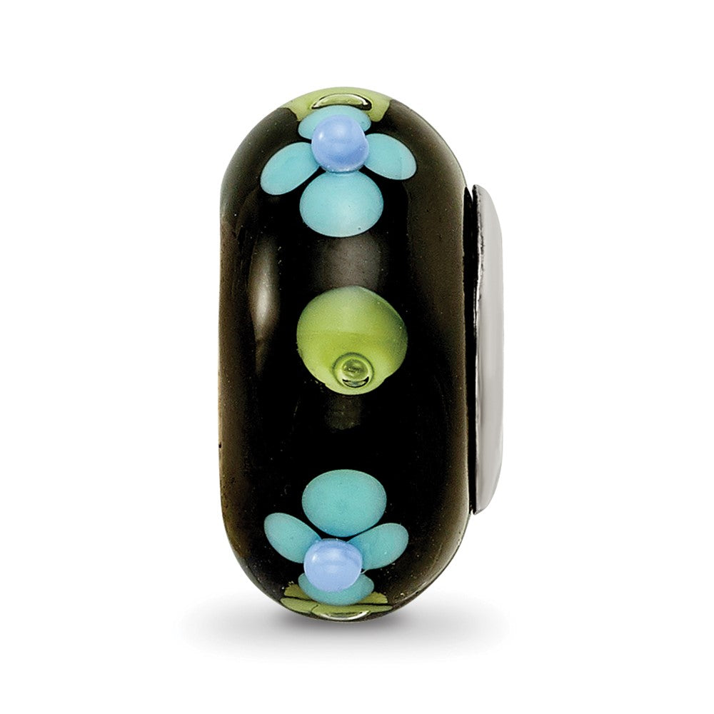 Ster.Silver Reflections Black Hand Painted Blue Floral Fenton Glass Bead
