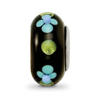 Ster.Silver Reflections Black Hand Painted Blue Floral Fenton Glass Bead