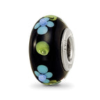 Ster.Silver Reflections Black Hand Painted Blue Floral Fenton Glass Bead
