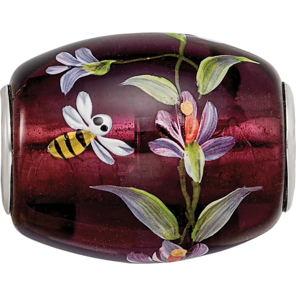 Ster.Silver Reflections Purple Hand Painted Magnolias Fenton Glass Bead