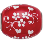 Ster.Silver Reflections Red Hand Painted Floral Hearts Fenton Glass Bead