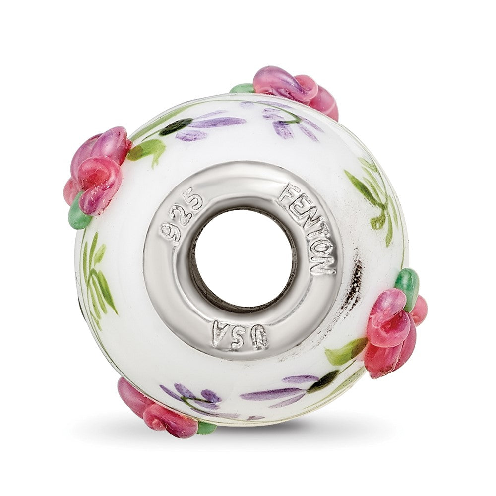 Sterling Silver White Hand Painted Floral Fenton Glass Bead