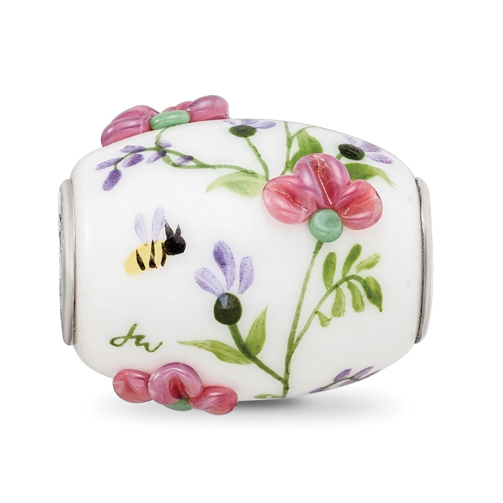 Sterling Silver White Hand Painted Floral Fenton Glass Bead