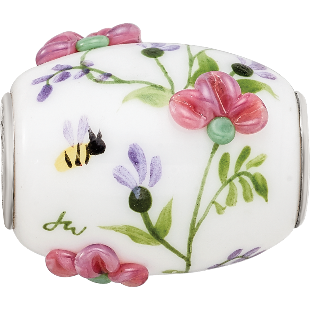 Sterling Silver White Hand Painted Floral Fenton Glass Bead