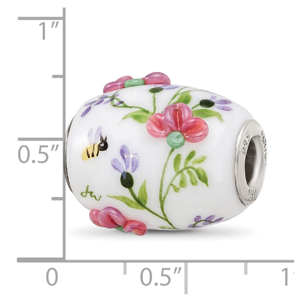 Sterling Silver White Hand Painted Floral Fenton Glass Bead