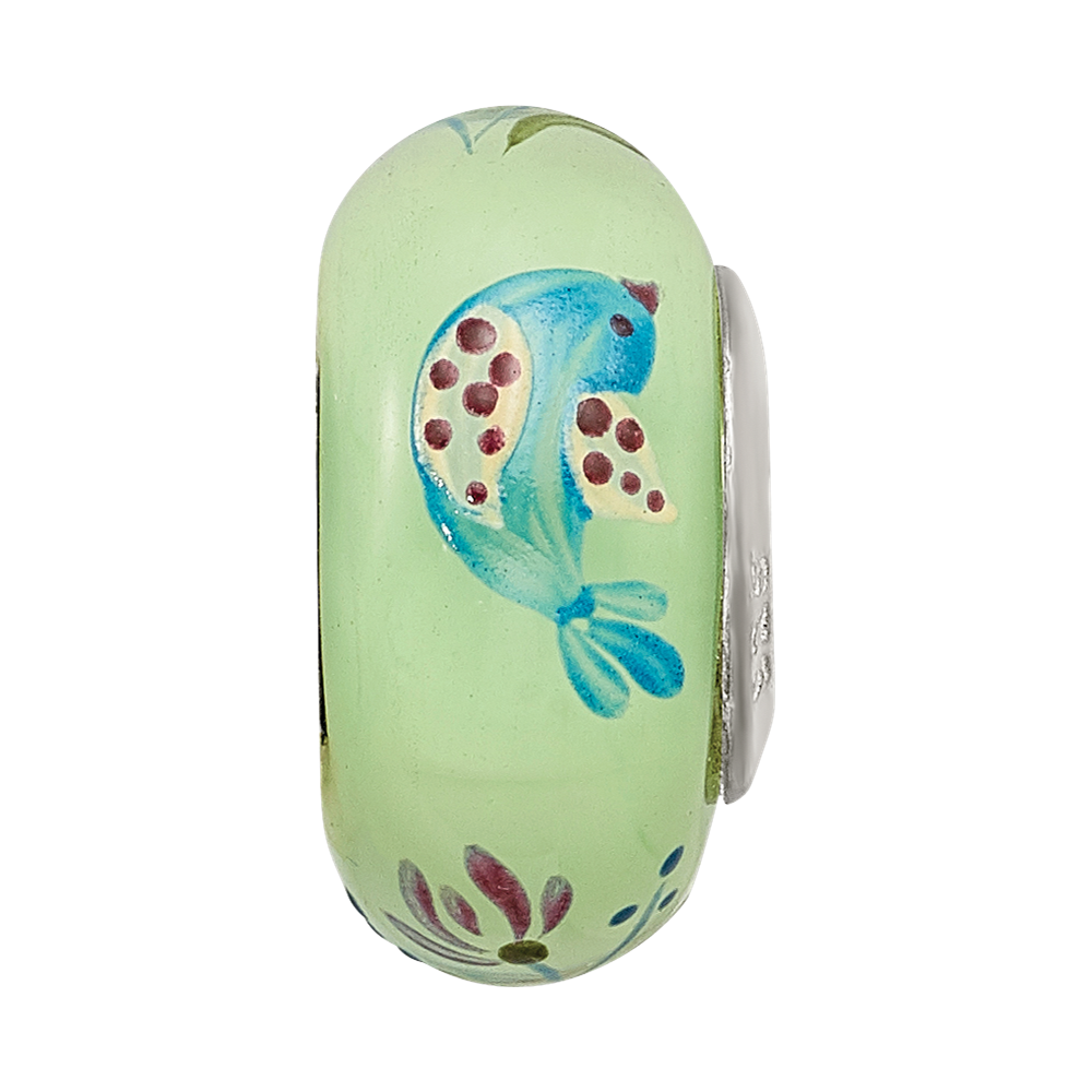Ster.Silver Reflections Green Hand Painted Calico Bird Fenton Glass Bead
