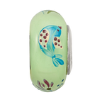 Ster.Silver Reflections Green Hand Painted Calico Bird Fenton Glass Bead