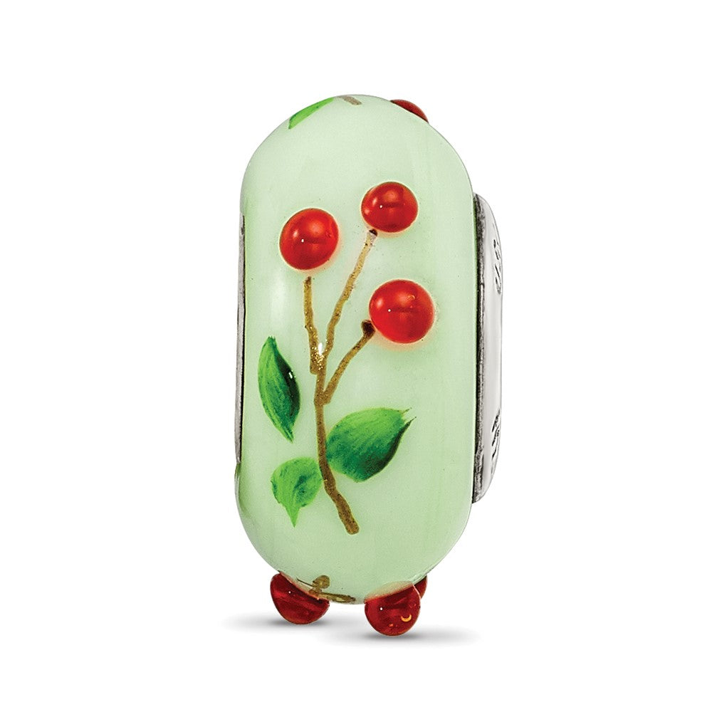 Ster.Silver Reflections Green Hand Painted Cherries Fenton Glass Bead