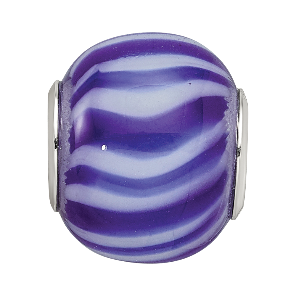 Sterling Silver Reflections Rhodium-plated Blue & White Striped Glass Bead