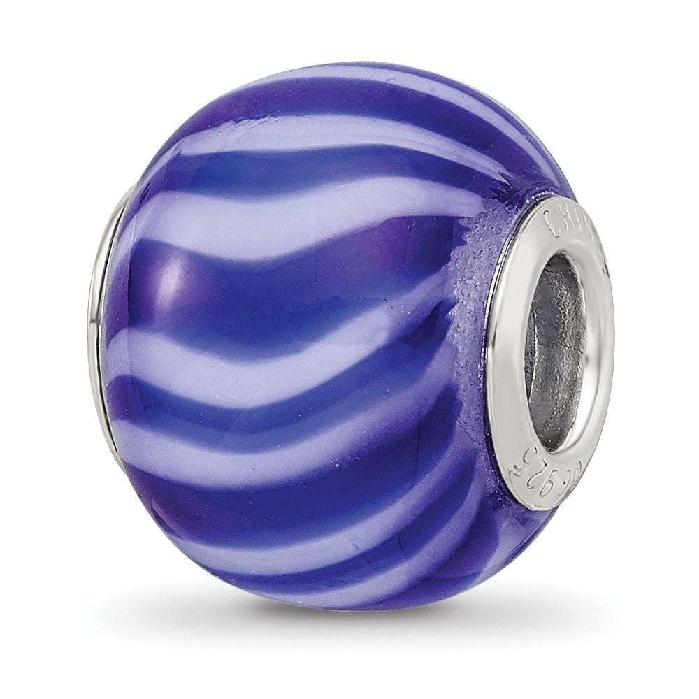 Sterling Silver Reflections Rhodium-plated Blue & White Striped Glass Bead