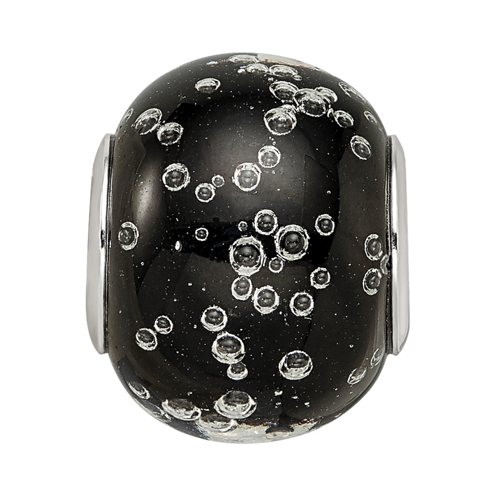 Sterling Silver Reflections Rhodium-plated Bubbles Black Glass Bead