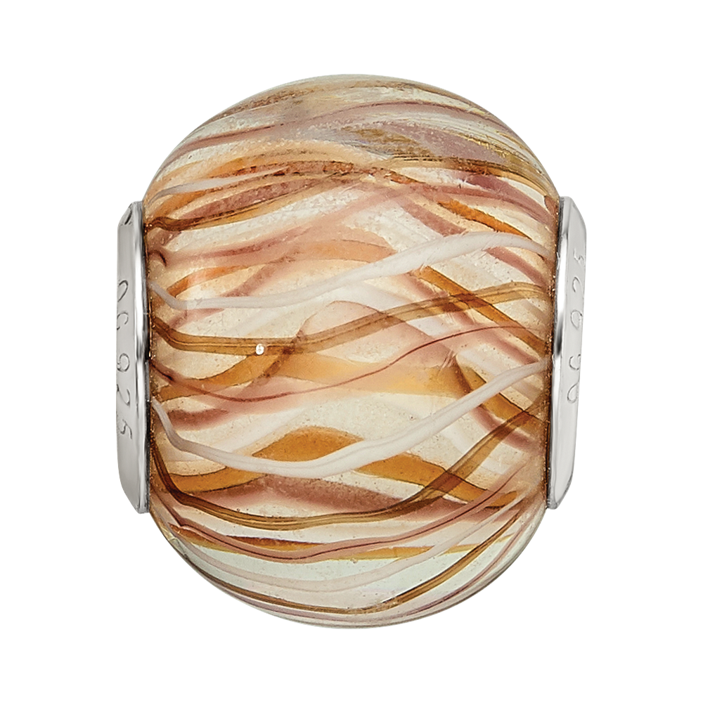 Sterling Silver Reflections Rh-plated Brown and White Striped Glass Bead