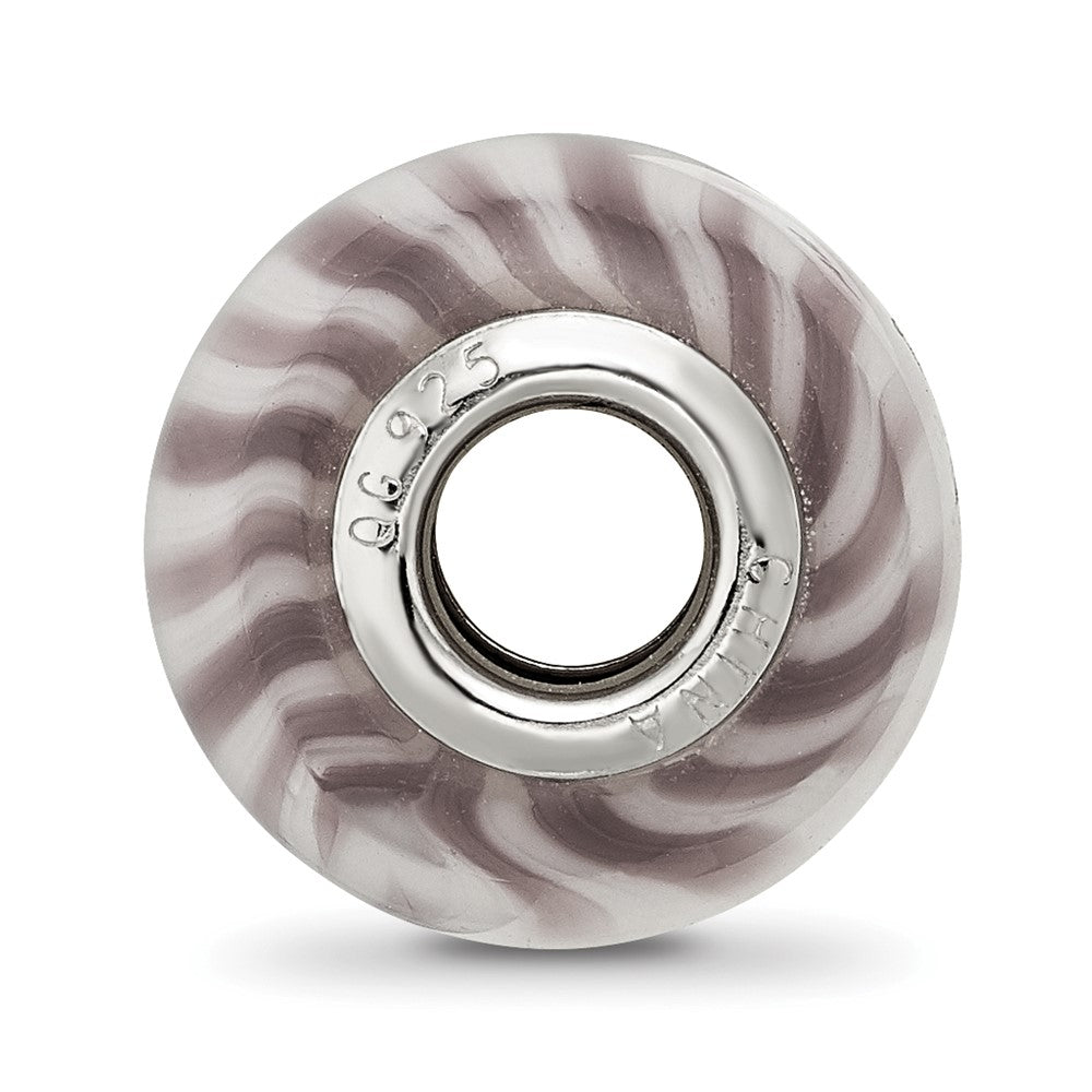Sterling Silver Reflections Rh=plated Purple and White Striped Glass Bead