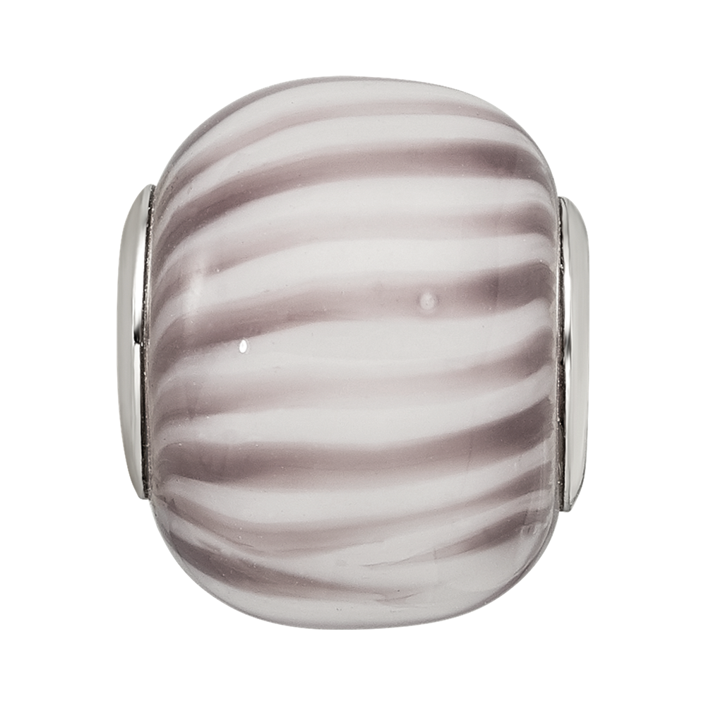 Sterling Silver Reflections Rh=plated Purple and White Striped Glass Bead