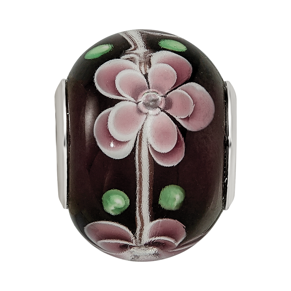 Sterling Silver Reflections Rh-plated Pink & Green Floral Black Glass Bead