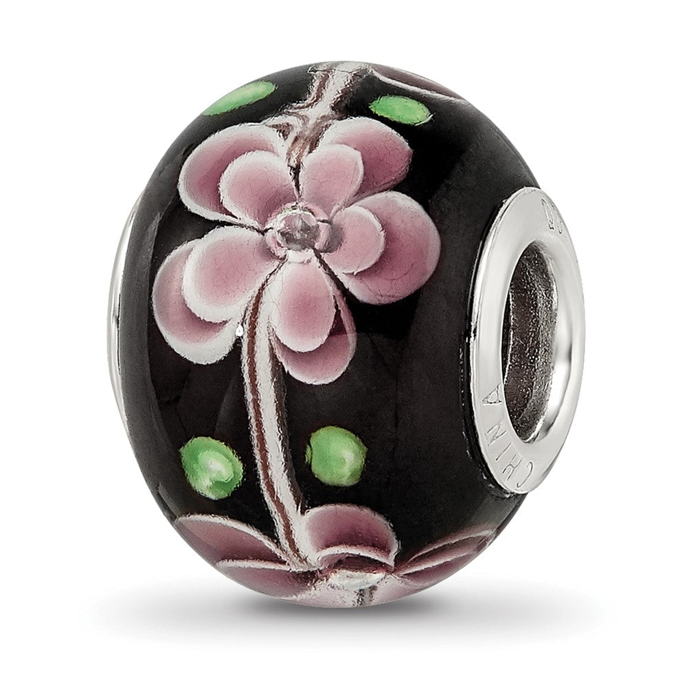 Sterling Silver Reflections Rh-plated Pink & Green Floral Black Glass Bead
