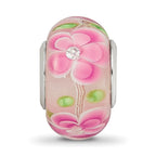 Sterling Silver Reflections Rhodium-plated CZ Pink Floral Glass Bead