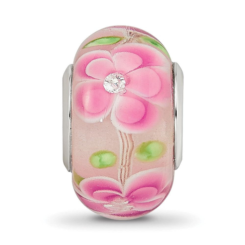 Sterling Silver Reflections Rhodium-plated CZ Pink Floral Glass Bead