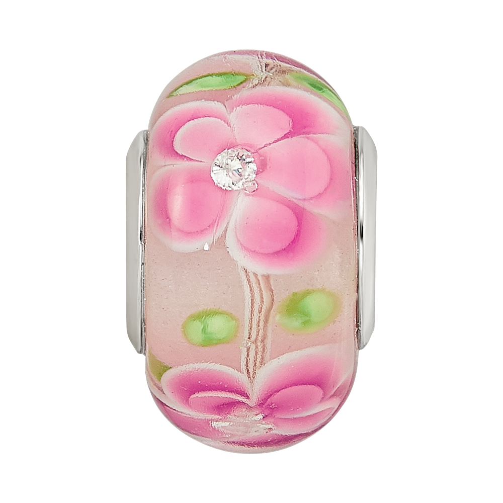 Sterling Silver Reflections Rhodium-plated CZ Pink Floral Glass Bead